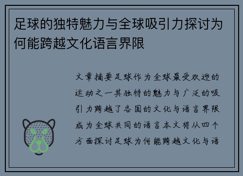 足球的独特魅力与全球吸引力探讨为何能跨越文化语言界限