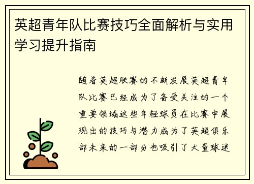 英超青年队比赛技巧全面解析与实用学习提升指南