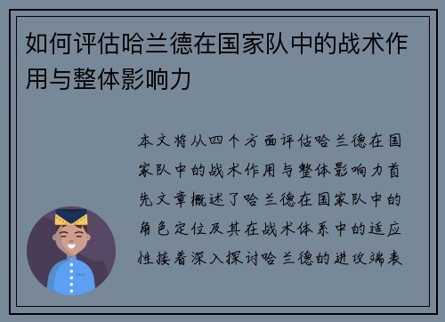 如何评估哈兰德在国家队中的战术作用与整体影响力