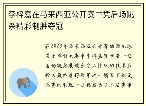 李梓嘉在马来西亚公开赛中凭后场跳杀精彩制胜夺冠