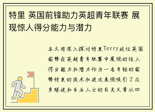 特里 英国前锋助力英超青年联赛 展现惊人得分能力与潜力